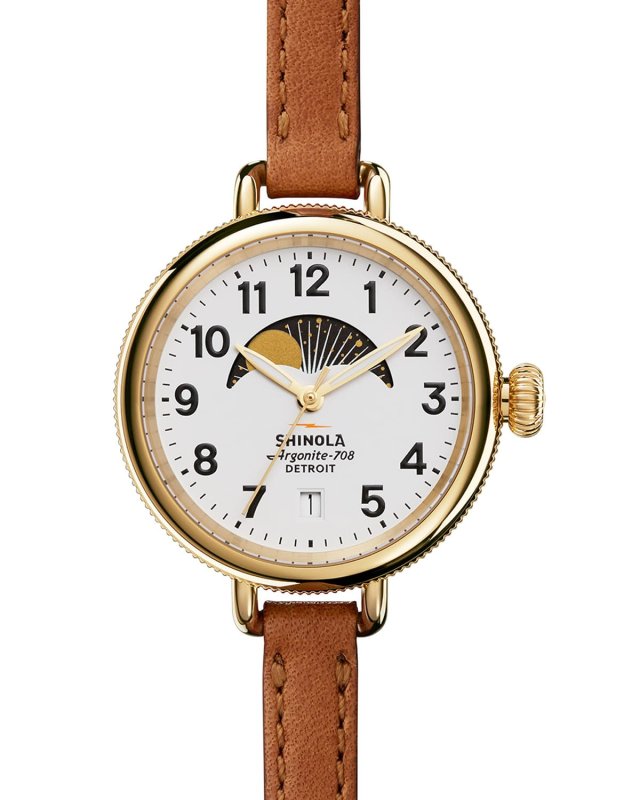 34mm Birdy Moon Phase Watch with Leather Strap, Brown/White